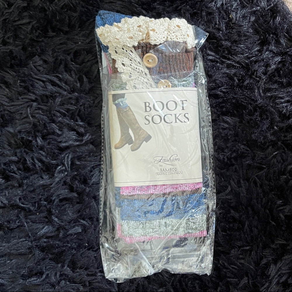 Fashion Boot Socks with Lace Trim - Blue and Brown